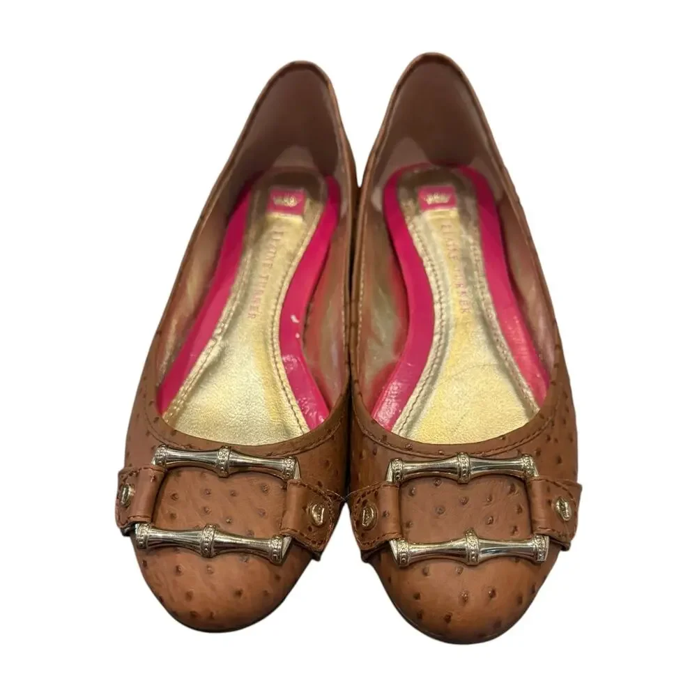 Elaine Turner Liz Ostrich Leather Bamboo Buckle Ballet Flats Brown Sz 7